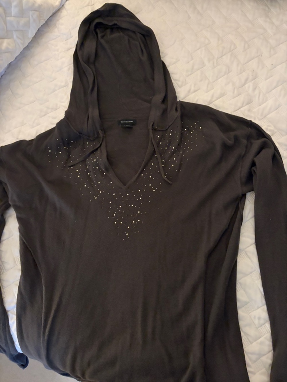Calvin Klein Chocolate Brown Hooded V-Neck Sweater with Rhinestones